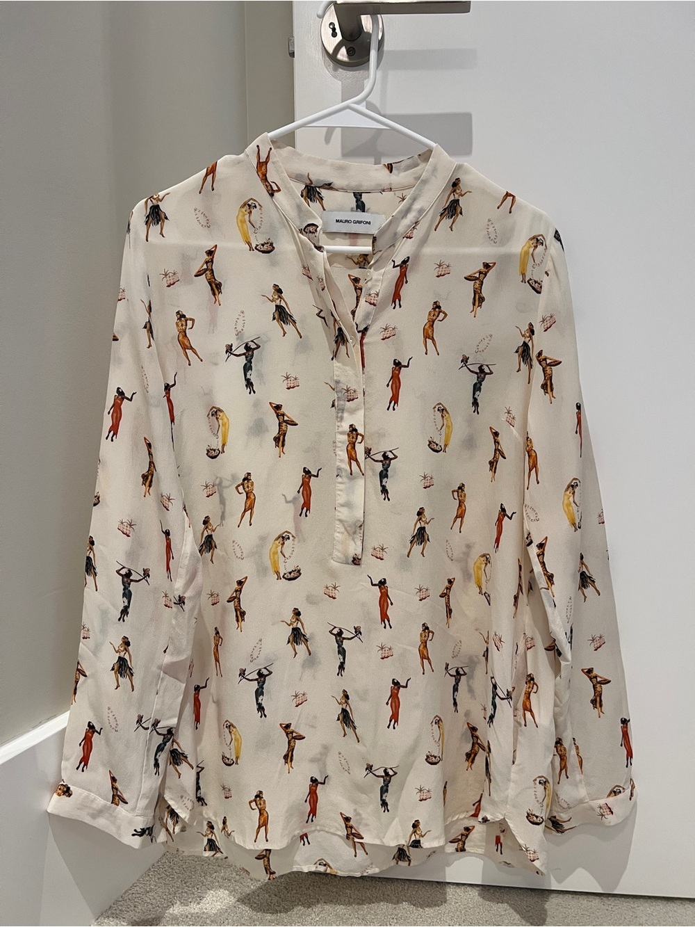 Mauro Grifoni Cream Blouse with Multicolor Figurine Print